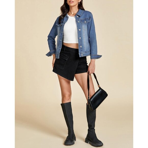 Women's Basic Long Sleeves Button Down Fitted Denim Jean Jacket Vintage Blue - Picture 7 of 9